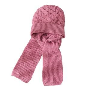 Womens Thick Warm Knitted Hat with Integrated Scarf Pink and Beige